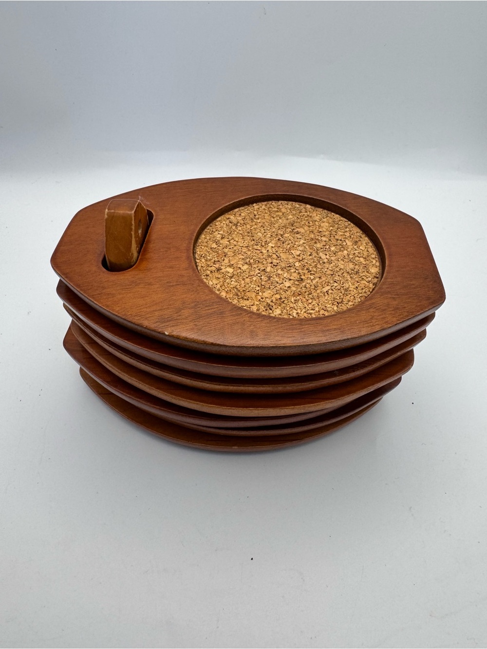 Vintage 1960s MCM Milbern Wooden Wood Coaster Set Stacking Cork 7 Pc